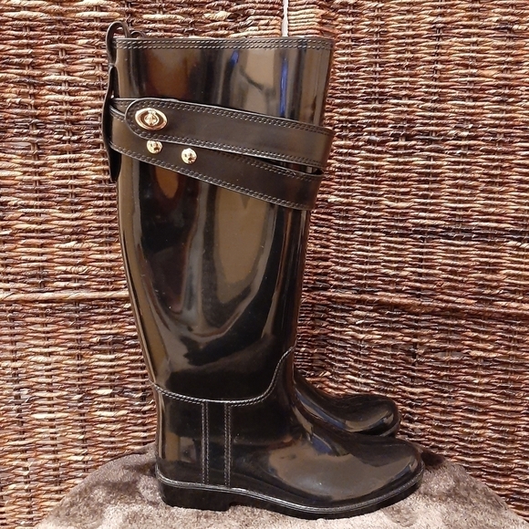 Coach Talia Tall Black Waterproof Rain Boots Leather Women's 6 Rubber Designer - Picture 1 of 7